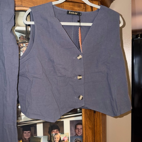 Essentials Slate Blue Two-Piece Pantsuit with Buttoned Vest - Picture 3 of 14